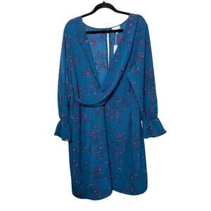 New Charming Charlie Midi‎ Dress Faux Wrap Bell Sleeve Floral Blue Plus 2X Fairy